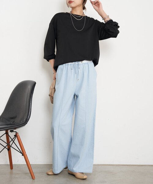 Jena espace merveilleux（ジェナ　エスパスメルヴェイユ）の「【ヒップも隠れる/WEB限定】シルケットブラウス（Tシャツ/カットソー・レディース・オフホワイト/ブラック・FREE）」の21枚目の写真