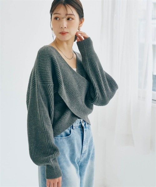 nissen(ニッセン)の「クロスデザインリブニット(ニット/セーター・レディース・キナリ/グレイッシュベージュ/チャコールグレー・S/M/L/LL)」の6枚目の写真