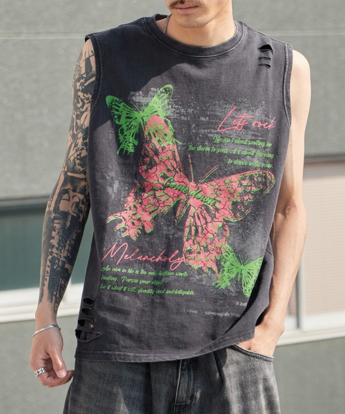 Theater code(シアターコード)の「Butterfly Print Dyed Distressed Tank Top / バタフライプリント 色染め ダメージタンクトップ 2026年春夏(タンクトップ・メンズ・グレー/ブラック・M/L)」の2枚目の写真