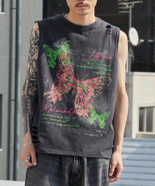 Theater code(シアターコード)の「Butterfly Print Dyed Distressed Tank Top / バタフライプリント 色染め ダメージタンクトップ 2026年春夏(タンクトップ・メンズ・グレー/ブラック・M/L)」の4枚目の写真