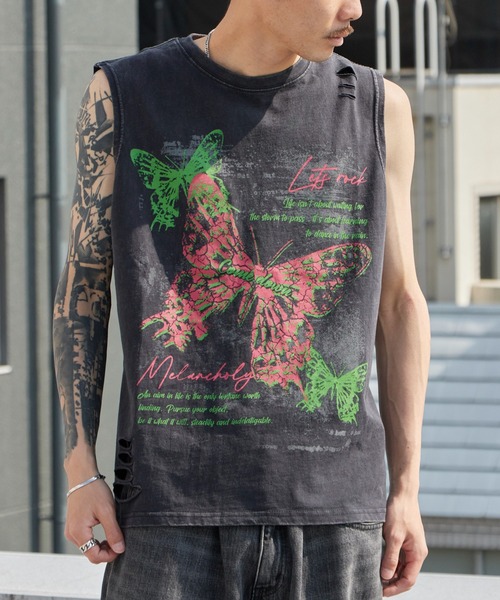 Theater code(シアターコード)の「Butterfly Print Dyed Distressed Tank Top / バタフライプリント 色染め ダメージタンクトップ 2026年春夏(タンクトップ・メンズ・グレー/ブラック・M/L)」の5枚目の写真