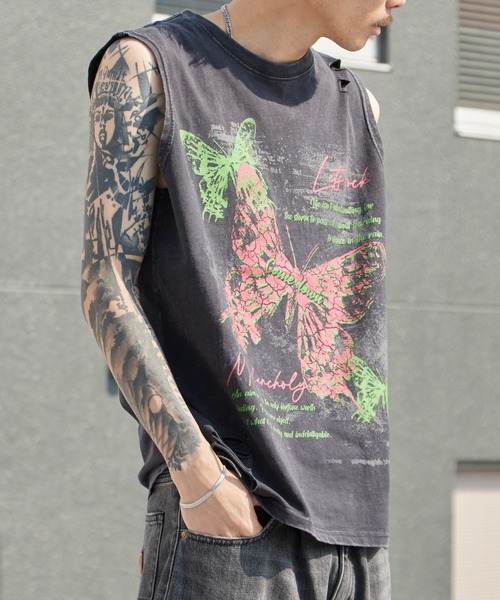 Theater code(シアターコード)の「Butterfly Print Dyed Distressed Tank Top / バタフライプリント 色染め ダメージタンクトップ 2026年春夏(タンクトップ・メンズ・グレー/ブラック・M/L)」の7枚目の写真