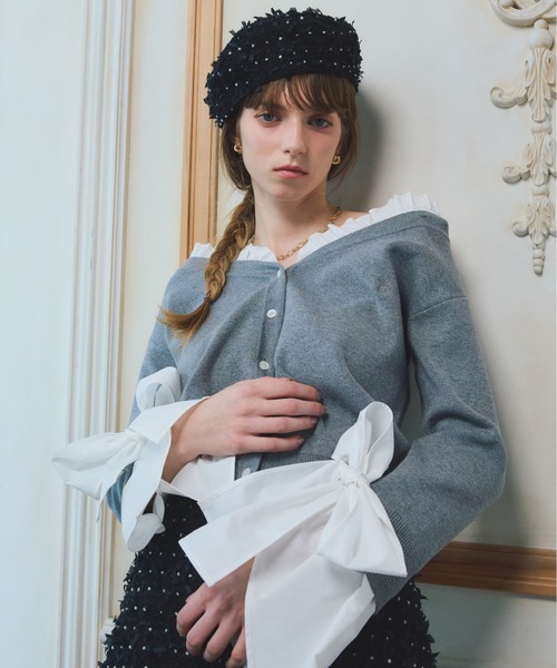 EIMY ISTOIRE（エイミーイストワール）の「【PRE ORDER】シャツドッキングニットカーディガン（カーディガン/ボレロ・レディース・ピンク/ブラック/グレー・F）」の4枚目の写真