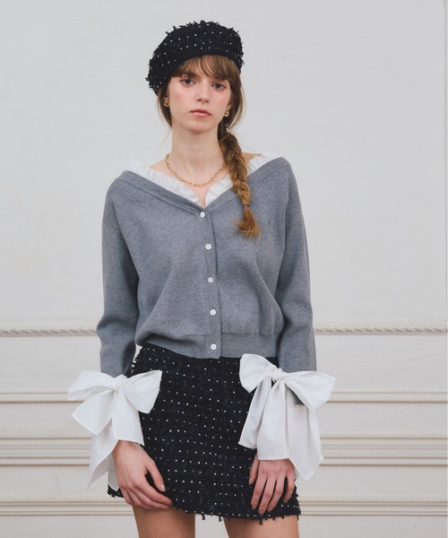 EIMY ISTOIRE（エイミーイストワール）の「【PRE ORDER】シャツドッキングニットカーディガン（カーディガン/ボレロ・レディース・ピンク/ブラック/グレー・F）」の7枚目の写真