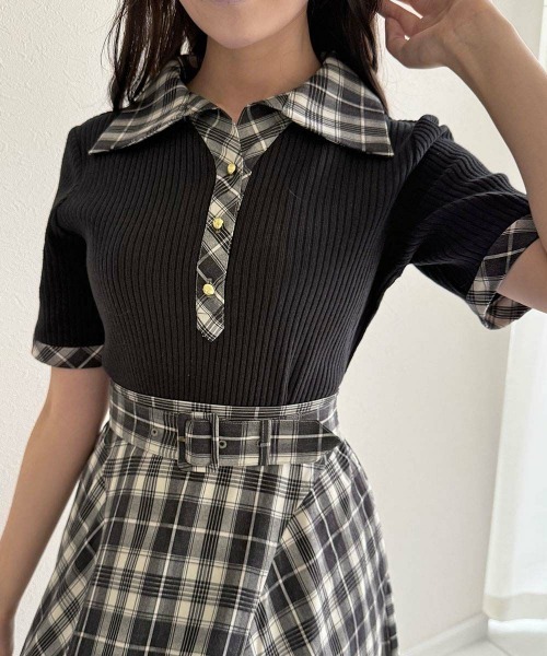 an another angelus（アンアナザーアンジェラス）の「チェック使いオープンカラーポロシャツ（ポロシャツ・レディース・ブラック/アイボリー・FREE）」の15枚目の写真