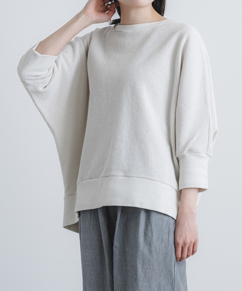 quadro(クオドロ)の「エメラルド変形ワッフル7分袖ドルマンプルオーバー(Tシャツ/カットソー・レディース・キナリ/チャコール/ブルーグレー/グリーン・FREE)」の1枚目の写真