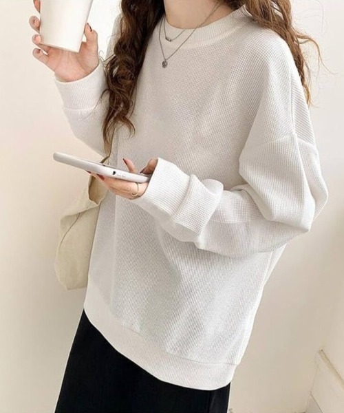Beststore(ベストストア)の「【こなれ感】ゆったりワッフル プルオーバー 長袖 トップス(全3色)(Tシャツ/カットソー・レディース・ホワイト/ブラック/グレー・FREE)」の1枚目の写真