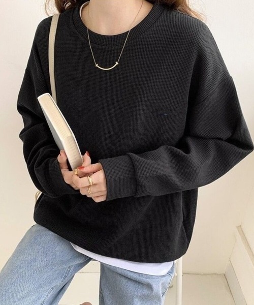 Beststore(ベストストア)の「【こなれ感】ゆったりワッフル プルオーバー 長袖 トップス(全3色)(Tシャツ/カットソー・レディース・ホワイト/ブラック/グレー・FREE)」の2枚目の写真