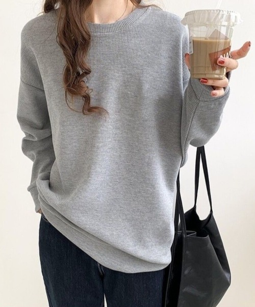 Beststore(ベストストア)の「【こなれ感】ゆったりワッフル プルオーバー 長袖 トップス(全3色)(Tシャツ/カットソー・レディース・ホワイト/ブラック/グレー・FREE)」の5枚目の写真