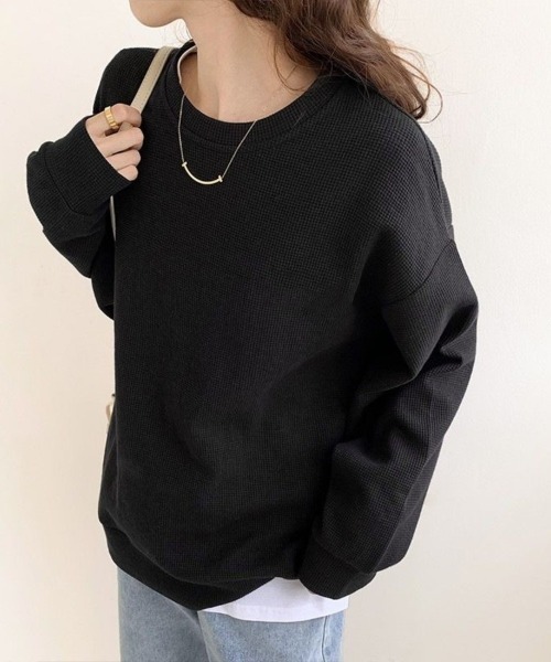 Beststore(ベストストア)の「【こなれ感】ゆったりワッフル プルオーバー 長袖 トップス(全3色)(Tシャツ/カットソー・レディース・ホワイト/ブラック/グレー・FREE)」の11枚目の写真