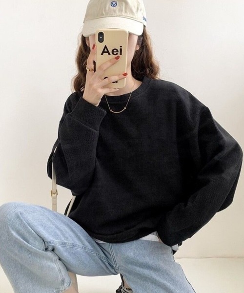 Beststore(ベストストア)の「【こなれ感】ゆったりワッフル プルオーバー 長袖 トップス(全3色)(Tシャツ/カットソー・レディース・ホワイト/ブラック/グレー・FREE)」の12枚目の写真