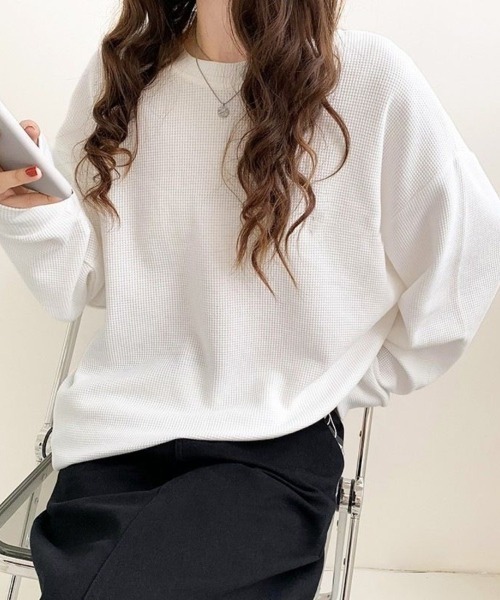 Beststore(ベストストア)の「【こなれ感】ゆったりワッフル プルオーバー 長袖 トップス(全3色)(Tシャツ/カットソー・レディース・ホワイト/ブラック/グレー・FREE)」の13枚目の写真