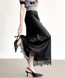 COCOMOMO（ココモモ）の「一枚で華やぐ繊細レース×艶サテン サテンレーススカート サテンスカート ロング レース サテン タイト レーススカート マーメイド（スカート）」