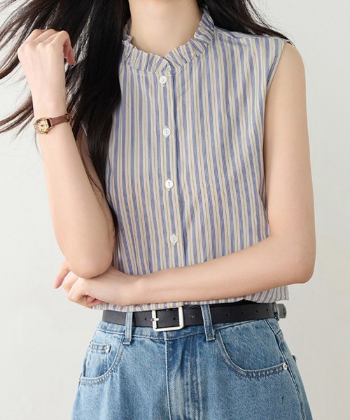 ONEP STAR(ワンピスター)の「フリルネックストライプブラウス(シャツ/ブラウス・レディース・ベージュ・X-LARGE/LARGE/MEDIUM)」の10枚目の写真