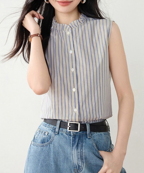ONEP STAR(ワンピスター)の「フリルネックストライプブラウス(シャツ/ブラウス・レディース・ベージュ・X-LARGE/LARGE/MEDIUM)」の4枚目の写真
