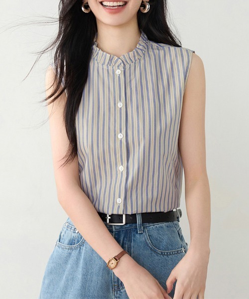 ONEP STAR(ワンピスター)の「フリルネックストライプブラウス(シャツ/ブラウス・レディース・ベージュ・X-LARGE/LARGE/MEDIUM)」の5枚目の写真
