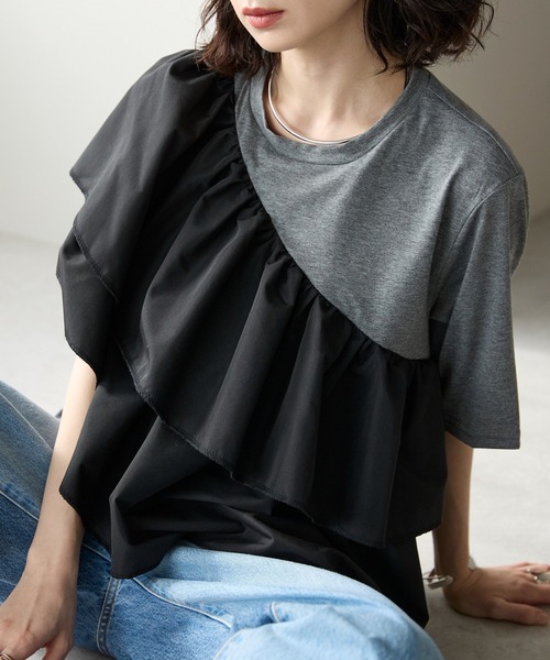 each(イーチ)の「アシメフリルデザイン半袖Tシャツ(Tシャツ/カットソー・レディース・ホワイト/グレー・FREE)」の2枚目の写真