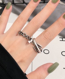 【2点セット】燻しヴィンテージ風 モードチェーン×クロスラインデザイン シルバーリング