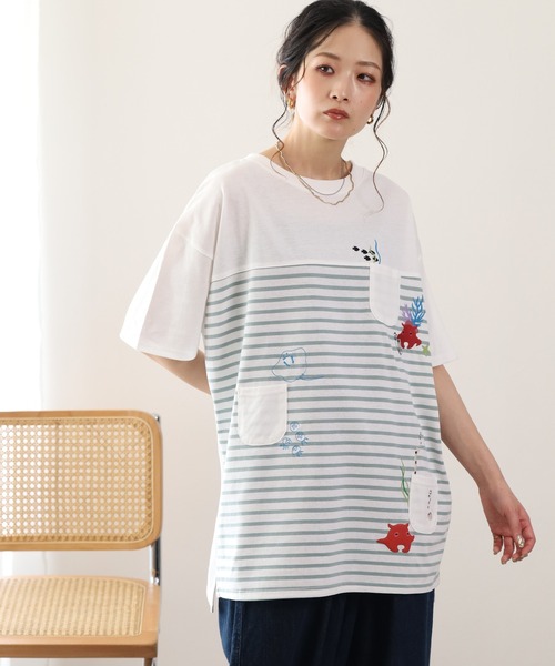 FUNALIVE(ファンアライブ)の「メンだこ刺繍 多ポケットプルオーバー(ボーダー) 半袖(Tシャツ/カットソー・レディース・ホワイト×グリーン/ホワイト×ネイビー・L/M)」の2枚目の写真