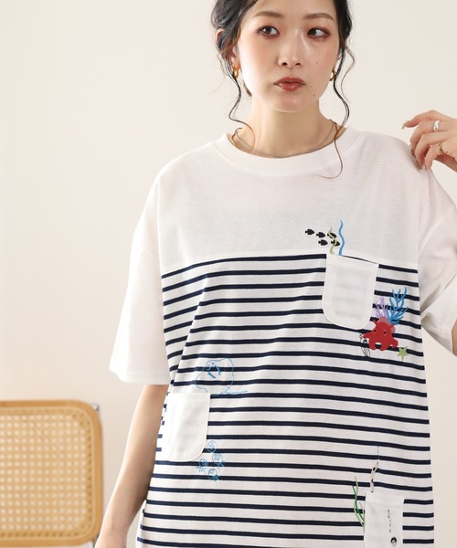 FUNALIVE(ファンアライブ)の「メンだこ刺繍 多ポケットプルオーバー(ボーダー) 半袖(Tシャツ/カットソー・レディース・ホワイト×グリーン/ホワイト×ネイビー・L/M)」の10枚目の写真