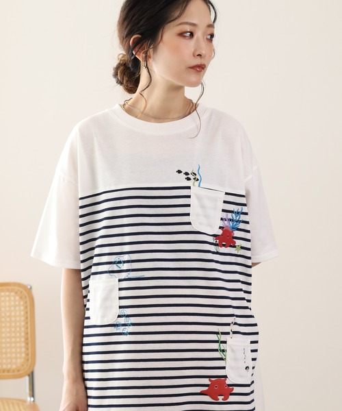 FUNALIVE(ファンアライブ)の「メンだこ刺繍 多ポケットプルオーバー(ボーダー) 半袖(Tシャツ/カットソー・レディース・ホワイト×グリーン/ホワイト×ネイビー・L/M)」の11枚目の写真