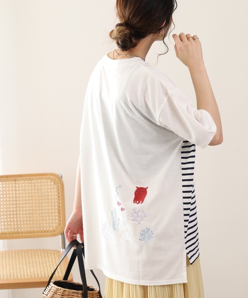 FUNALIVE(ファンアライブ)の「メンだこ刺繍 多ポケットプルオーバー(ボーダー) 半袖(Tシャツ/カットソー・レディース・ホワイト×グリーン/ホワイト×ネイビー・L/M)」の14枚目の写真