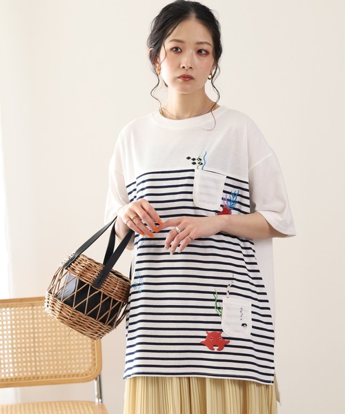 FUNALIVE(ファンアライブ)の「メンだこ刺繍 多ポケットプルオーバー(ボーダー) 半袖(Tシャツ/カットソー・レディース・ホワイト×グリーン/ホワイト×ネイビー・L/M)」の15枚目の写真