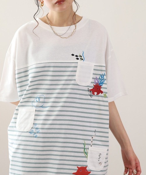 FUNALIVE(ファンアライブ)の「メンだこ刺繍 多ポケットプルオーバー(ボーダー) 半袖(Tシャツ/カットソー・レディース・ホワイト×グリーン/ホワイト×ネイビー・L/M)」の3枚目の写真