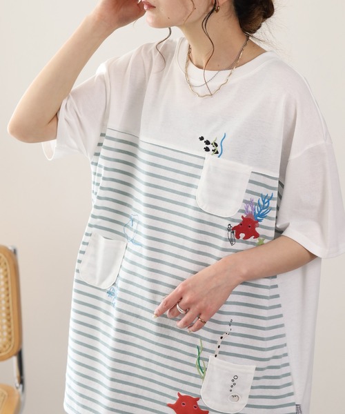 FUNALIVE(ファンアライブ)の「メンだこ刺繍 多ポケットプルオーバー(ボーダー) 半袖(Tシャツ/カットソー・レディース・ホワイト×グリーン/ホワイト×ネイビー・L/M)」の4枚目の写真