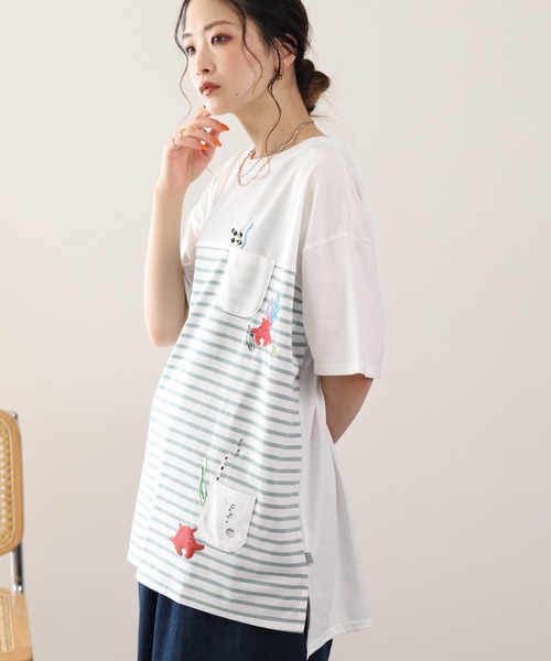 FUNALIVE(ファンアライブ)の「メンだこ刺繍 多ポケットプルオーバー(ボーダー) 半袖(Tシャツ/カットソー・レディース・ホワイト×グリーン/ホワイト×ネイビー・L/M)」の5枚目の写真