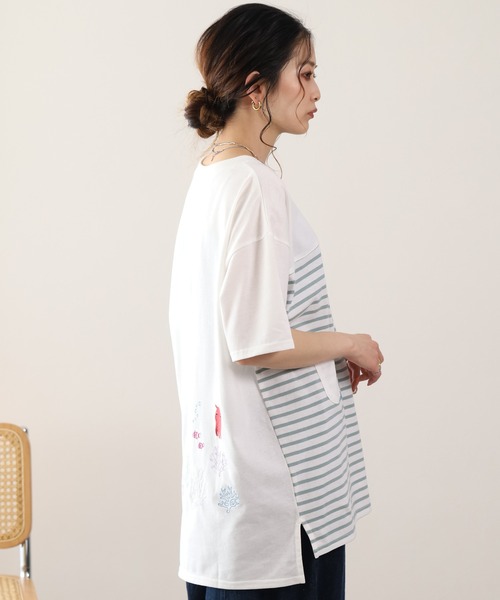 FUNALIVE(ファンアライブ)の「メンだこ刺繍 多ポケットプルオーバー(ボーダー) 半袖(Tシャツ/カットソー・レディース・ホワイト×グリーン/ホワイト×ネイビー・L/M)」の7枚目の写真