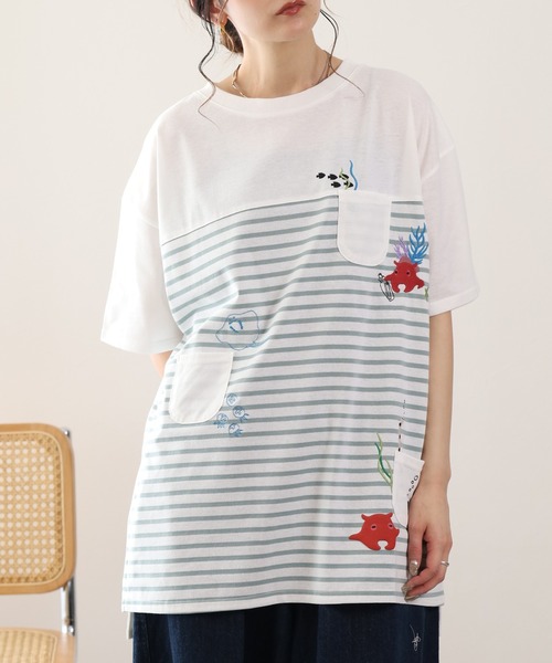 FUNALIVE(ファンアライブ)の「メンだこ刺繍 多ポケットプルオーバー(ボーダー) 半袖(Tシャツ/カットソー・レディース・ホワイト×グリーン/ホワイト×ネイビー・L/M)」の18枚目の写真
