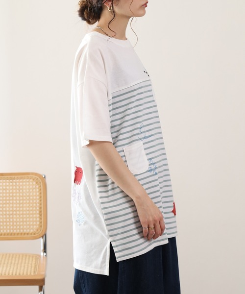 FUNALIVE(ファンアライブ)の「メンだこ刺繍 多ポケットプルオーバー(ボーダー) 半袖(Tシャツ/カットソー・レディース・ホワイト×グリーン/ホワイト×ネイビー・L/M)」の19枚目の写真