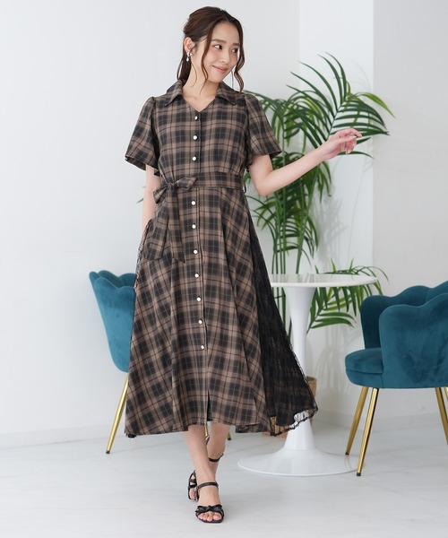 ASTORIA ODIER（アストリアオディール）の「チェックサイドレースワンピース（ワンピース・レディース・ブラウン/ブラック・LARGE/MEDIUM）」の4枚目の写真