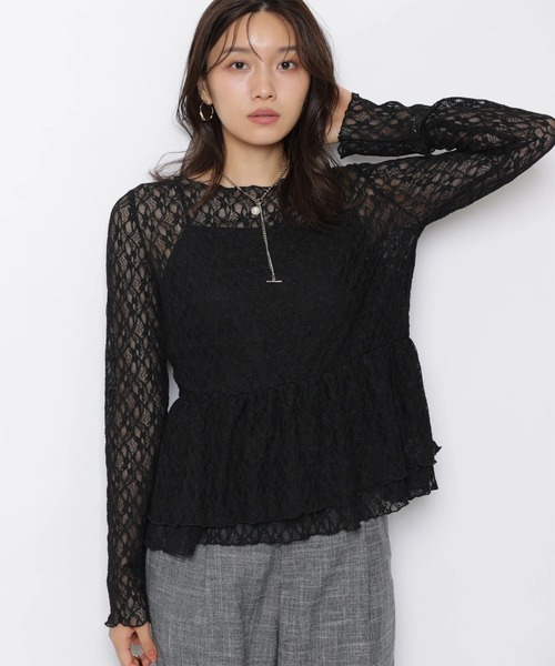 JUSGLITTY(ジャスグリッティー)の「レースペプラムロンT(Tシャツ/カットソー・レディース・ブラック/オフホワイト・2/1)」の1枚目の写真