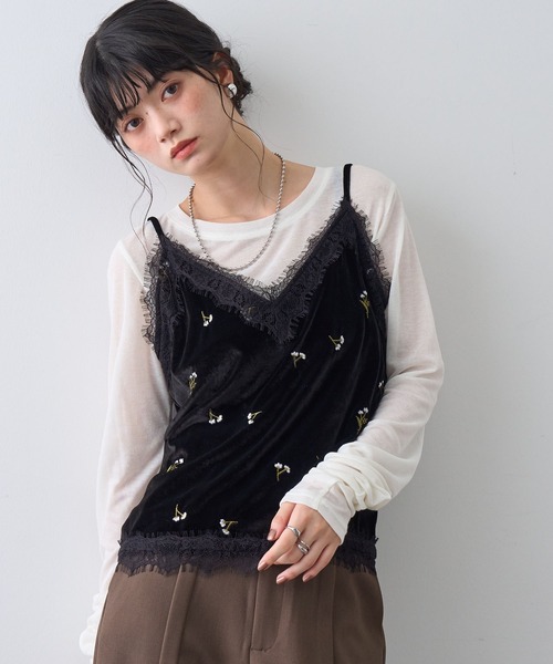 NOGLE/ノグル】花柄刺繍ベロアレースキャミソール（キャミソール 