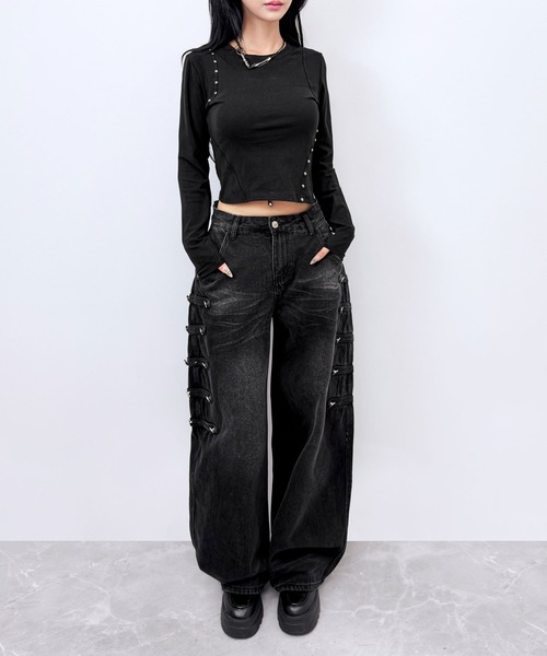 FOLLOWIN（フォロウィン）の「【 UNISEX  】ナポレオンベルトデザイン ワイドデニムパンツ（デニムパンツ・レディース・ダークブラウン/ブラック・SMALL/MEDIUM/LARGE）」の8枚目の写真