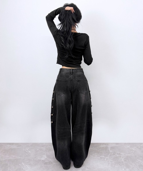 FOLLOWIN（フォロウィン）の「【 UNISEX  】ナポレオンベルトデザイン ワイドデニムパンツ（デニムパンツ・レディース・ダークブラウン/ブラック・SMALL/MEDIUM/LARGE）」の9枚目の写真