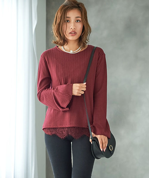 Re:EDIT（リエディ）の「ベルスリーブ裾レースストレッチリブトップス[2016秋新作][2016AW展示会][リエディオリジナル][Re:EDIT/リエディ]（Tシャツ/カットソー・レディース・ブラック/アイボリー/ワイン/ブラウン/ベージュ・MEDIUM/LARGE）」の5枚目の写真