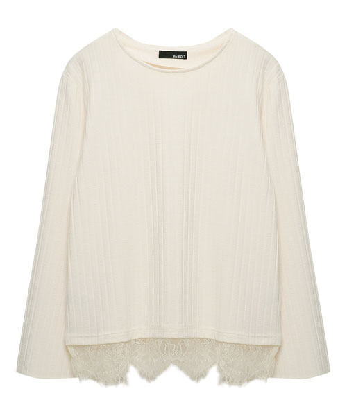 Re:EDIT（リエディ）の「ベルスリーブ裾レースストレッチリブトップス[2016秋新作][2016AW展示会][リエディオリジナル][Re:EDIT/リエディ]（Tシャツ/カットソー・レディース・ブラック/アイボリー/ワイン/ブラウン/ベージュ・MEDIUM/LARGE）」の2枚目の写真