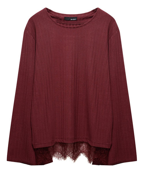 Re:EDIT（リエディ）の「ベルスリーブ裾レースストレッチリブトップス[2016秋新作][2016AW展示会][リエディオリジナル][Re:EDIT/リエディ]（Tシャツ/カットソー・レディース・ブラック/アイボリー/ワイン/ブラウン/ベージュ・MEDIUM/LARGE）」の15枚目の写真