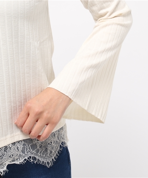 Re:EDIT（リエディ）の「ベルスリーブ裾レースストレッチリブトップス[2016秋新作][2016AW展示会][リエディオリジナル][Re:EDIT/リエディ]（Tシャツ/カットソー・レディース・ブラック/アイボリー/ワイン/ブラウン/ベージュ・MEDIUM/LARGE）」の10枚目の写真