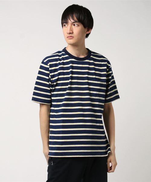 CORISCO（コリスコ）の「インディゴボーダーポケットTシャツ（Tシャツ/カットソー・メンズ・ピンク/グリーン/イエロー・L/M/XL）」の3枚目の写真