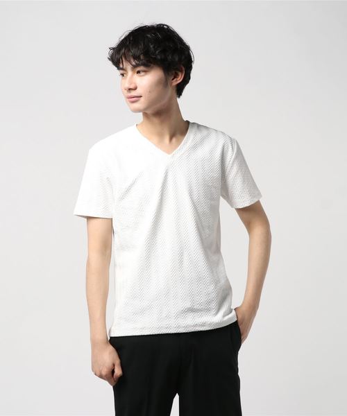 おしゃれスタ(オシャレスタ)の「ヘリンボンジャカードVネック半袖カットソー(SS)(Tシャツ/カットソー・メンズ・ホワイト/ブラック/その他・M/L)」の6枚目の写真