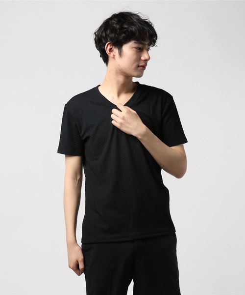 おしゃれスタ(オシャレスタ)の「ヘリンボンジャカードVネック半袖カットソー(SS)(Tシャツ/カットソー・メンズ・ホワイト/ブラック/その他・M/L)」の7枚目の写真