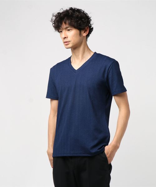 おしゃれスタ(オシャレスタ)の「ヘリンボンジャカードVネック半袖カットソー(SS)(Tシャツ/カットソー・メンズ・ホワイト/ブラック/その他・M/L)」の8枚目の写真