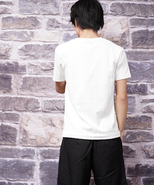 おしゃれスタ(オシャレスタ)の「ヘリンボンジャカードVネック半袖カットソー(SS)(Tシャツ/カットソー・メンズ・ホワイト/ブラック/その他・M/L)」の9枚目の写真