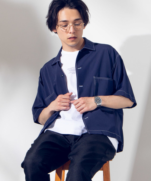 WEGO(ウィゴー)の「WEGO/配色ステッチ5分袖ビッグシルエットポプリンシャツ(シャツ/ブラウス・メンズ・ブラック/ベージュ/ネイビー・MEDIUM/LARGE)」の3枚目の写真