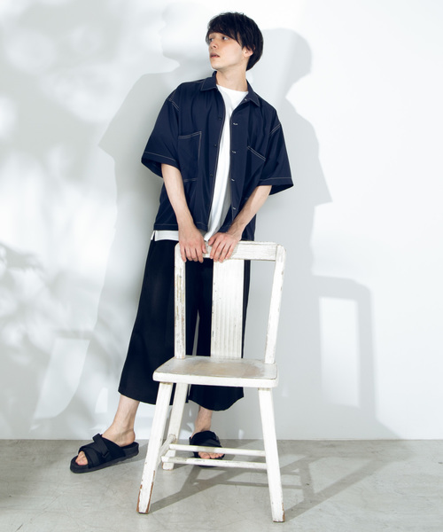 WEGO(ウィゴー)の「WEGO/配色ステッチ5分袖ビッグシルエットポプリンシャツ(シャツ/ブラウス・メンズ・ブラック/ベージュ/ネイビー・MEDIUM/LARGE)」の16枚目の写真