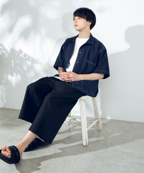 WEGO(ウィゴー)の「WEGO/配色ステッチ5分袖ビッグシルエットポプリンシャツ(シャツ/ブラウス・メンズ・ブラック/ベージュ/ネイビー・MEDIUM/LARGE)」の17枚目の写真